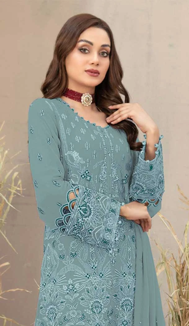 Georgette Embroidered Pakistani Style Salwar Kameez In Sky Blue - 12054204832