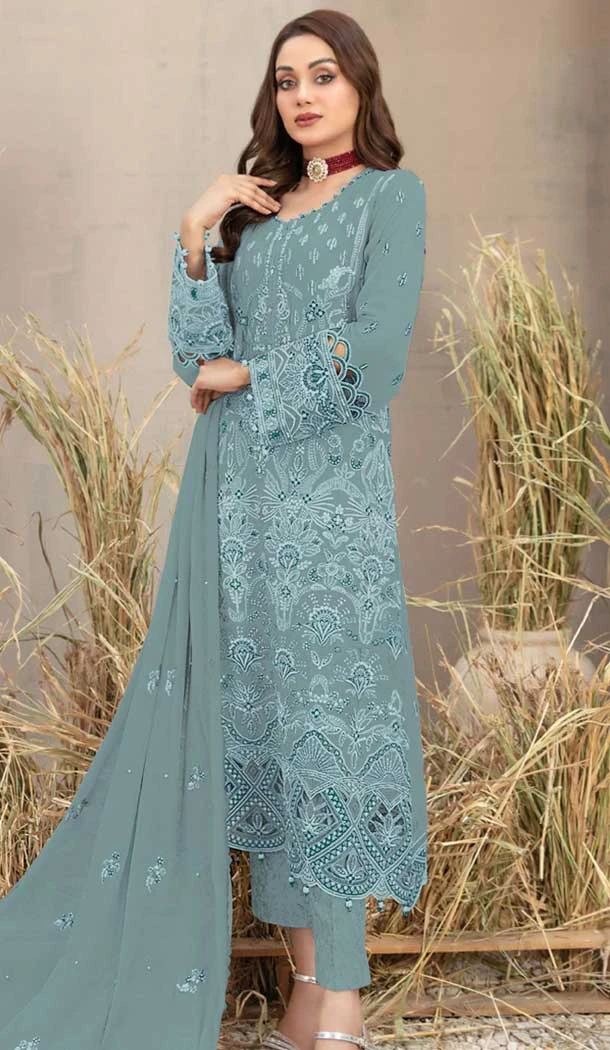 Georgette Embroidered Pakistani Style Salwar Kameez In Sky Blue - 12054204832