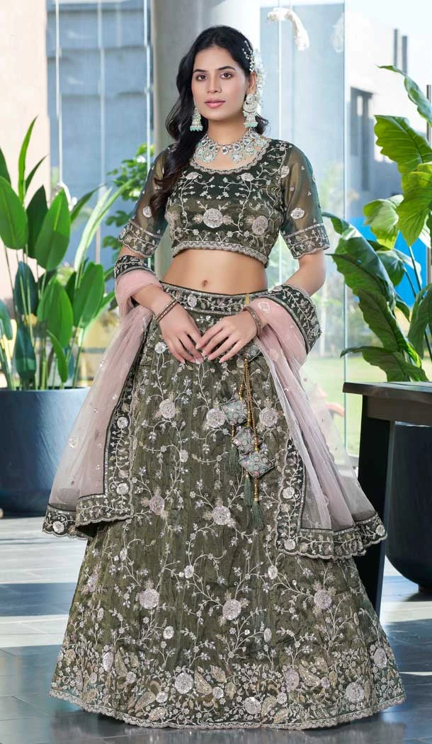 Silk Sequins Work Wedding Wear Lehenga Choli In Olive Green - 12100205240