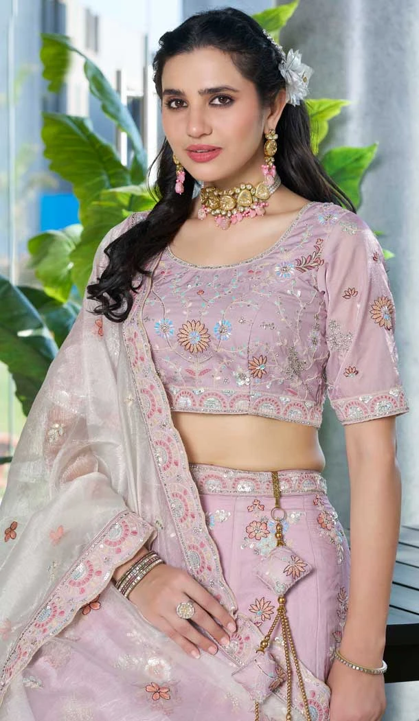 Fendi Silk Sequins Work Wedding Wear Lehenga Choli In Pink - 12100205242