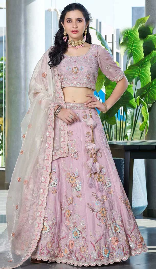 Fendi Silk Sequins Work Wedding Wear Lehenga Choli In Pink - 12100205242
