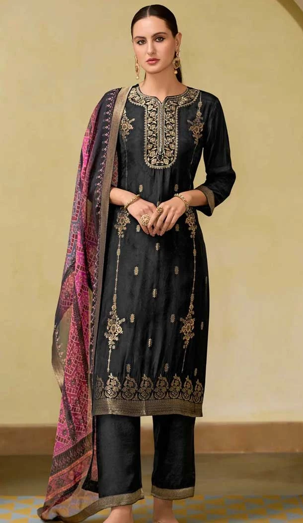 Black Viscose Jacquard Work Party Wear Salwar Suit - 12118205479