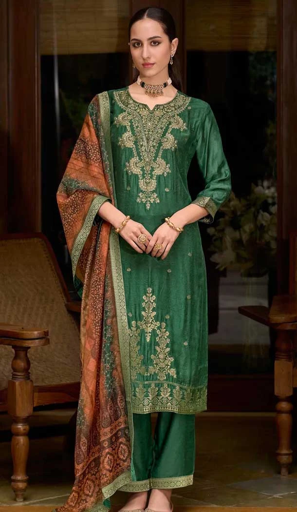 Green Viscose Jacquard Work Party Wear Salwar Suit - 12118205482