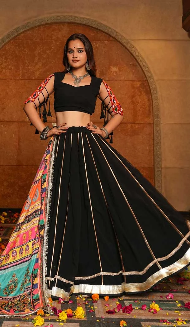 Women Embroidery Black Navratri Chaniya Choli Printed - 159719574