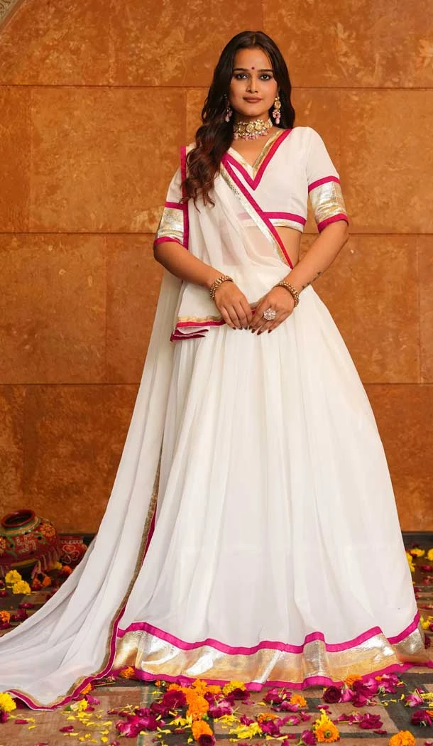 Women White Navratri Chaniya Choli Lace Work Georgette - 159719575