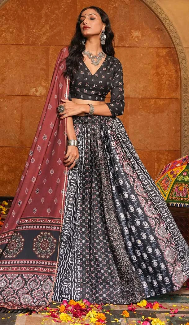 Women Navratri Chaniya Choli Crepe Printed Black - 159719577