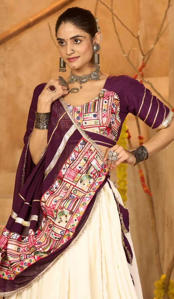 Women Off White Crepe Navratri Chaniya Choli Embroidery - 159719587