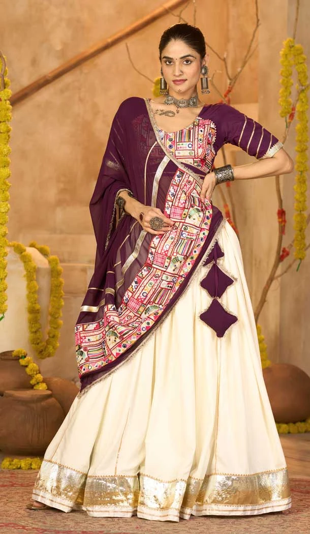 Women Off White Crepe Navratri Chaniya Choli Embroidery - 159719587