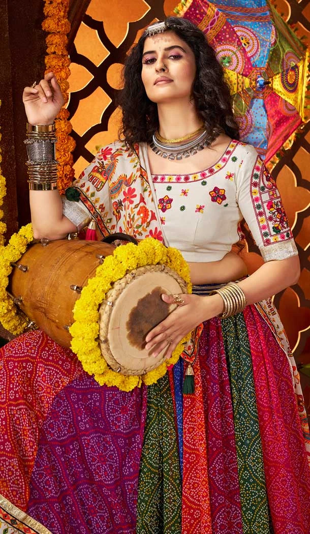 Women Navratri Chaniya Choli White Viscose Cotton Designer Embroidery Work - 159929714