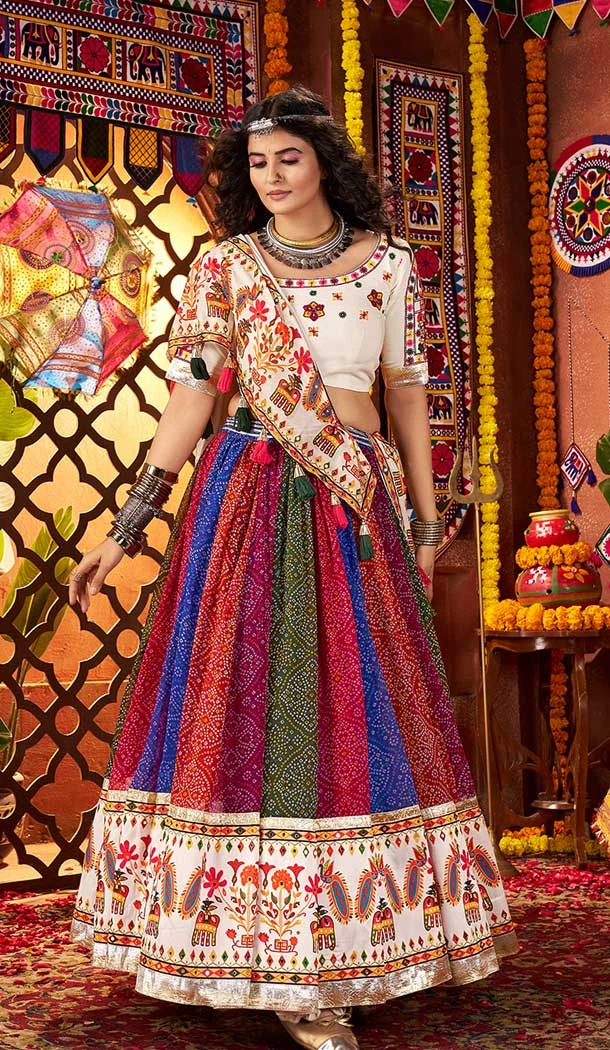 Women Navratri Chaniya Choli White Viscose Cotton Designer Embroidery Work - 159929714