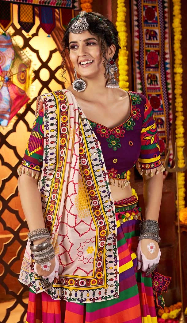 Women Purple Navratri Chaniya Choli Designer Embroidery Work Viscose Cotton - 159929716