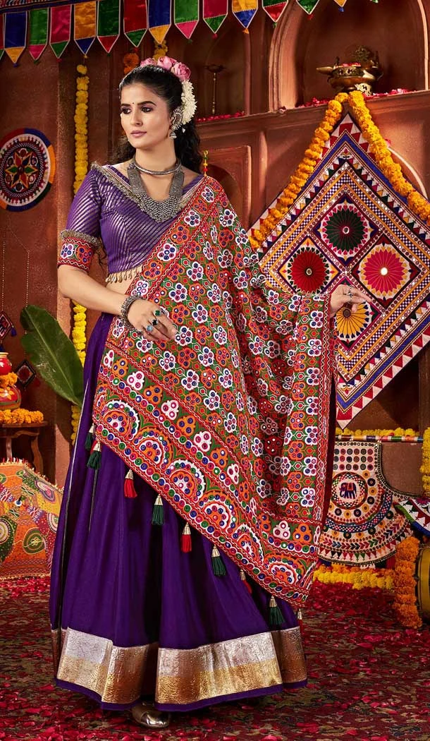 Women Silk Navratri Chaniya Choli Purple Designer Embroidery Work - 160029775
