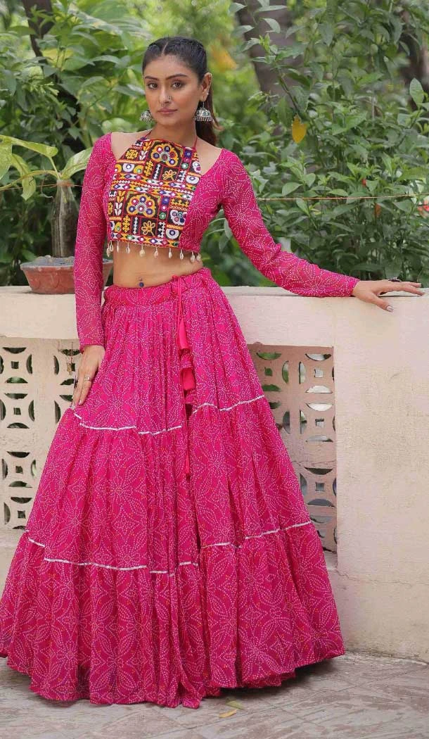 Women Bandhej Printed Faux Georgette Kutchi Gamthi Embroidery Work Pink - 160361017
