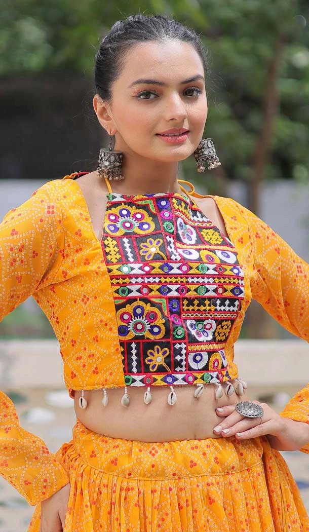 Women Navratri Chaniya Choli Yellow Kutchi Gamthi Embroidery Work Bandhej Printed - 160361019