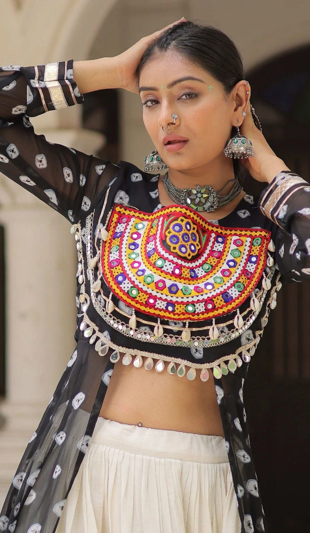 Women Faux Georgette Kutchi Patch Work Navratri Lehenga Suit Bandhani Printed - 160471086