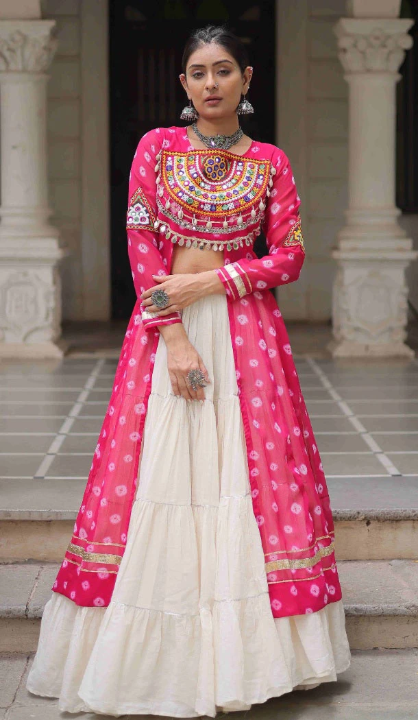 Women Pink Faux Georgette Bandhani Printed Kutchi Patch Work - 160471089