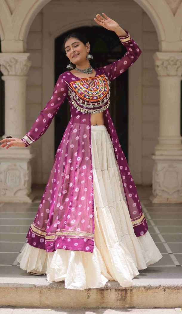 Women Bandhani Printed Wine Faux Georgette Navratri Lehenga Suit - 160471090