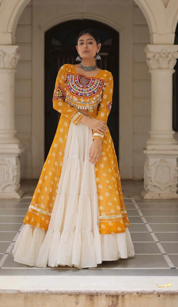Women Faux Georgette Bandhani Printed Navratri Lehenga Suit Yellow - 160471091
