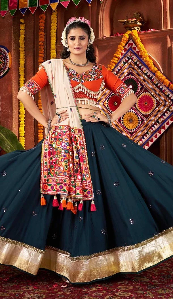 Women Teal Blue Navratri Chaniya Choli Designer Embroidery Work Viscose Cotton - 160501101