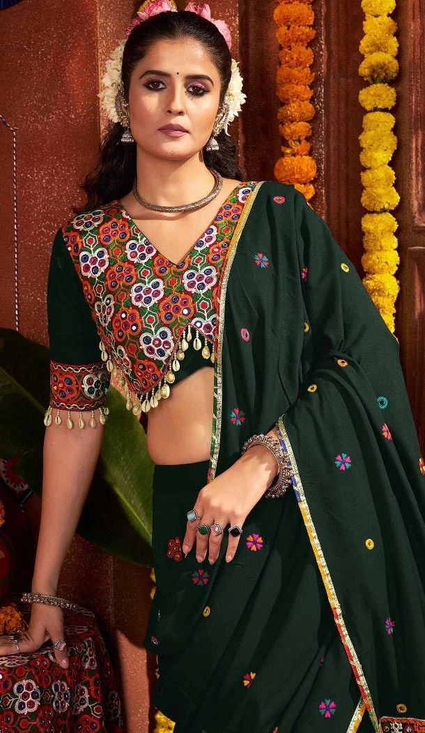 Women Viscose Cotton Designer Embroidery Work Green Navratri Chaniya Choli - 160501103