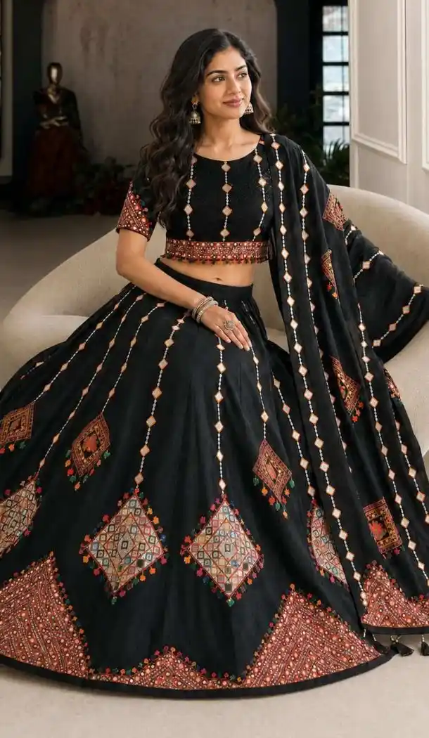 Women Navratri Chaniya Choli Designer Embroidery Work Black Cotton Rayon - 160571133