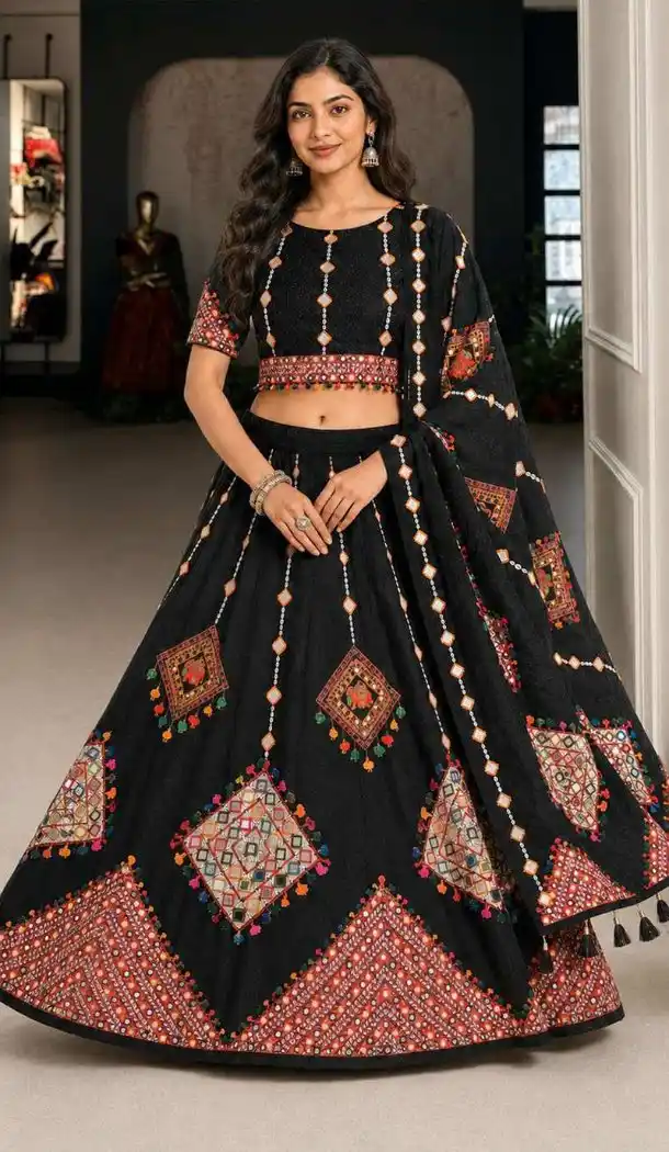 Women Navratri Chaniya Choli Designer Embroidery Work Black Cotton Rayon - 160571133
