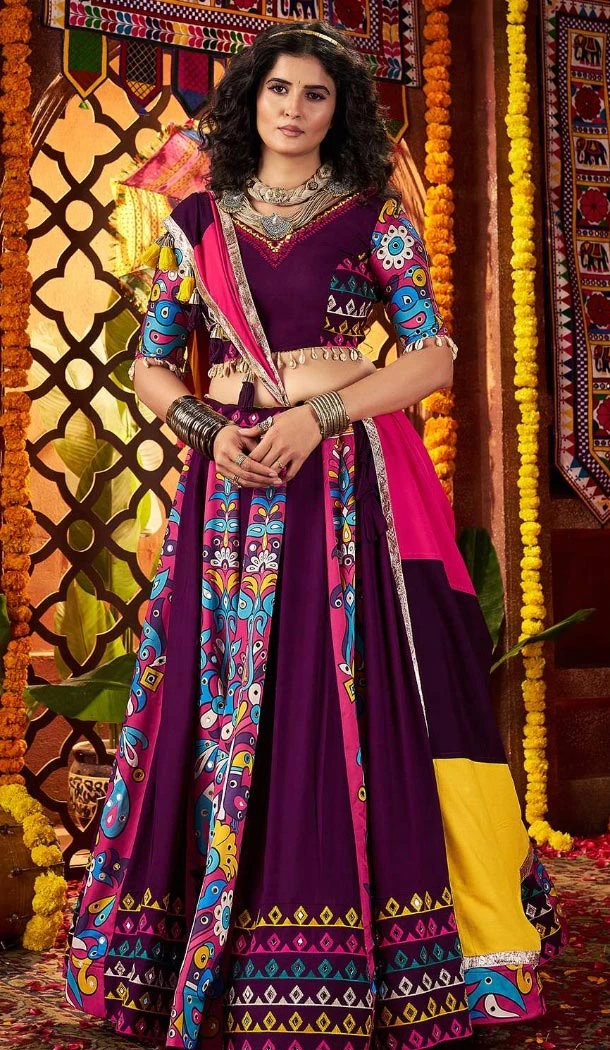 Women Designer Embroidery Work Purple Navratri Chaniya Choli Viscose Cotton - 160571132