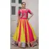 Women Navratri Chaniya Choli Roman Silk Pink Gamthi Thread Embroidery Work Plus Size