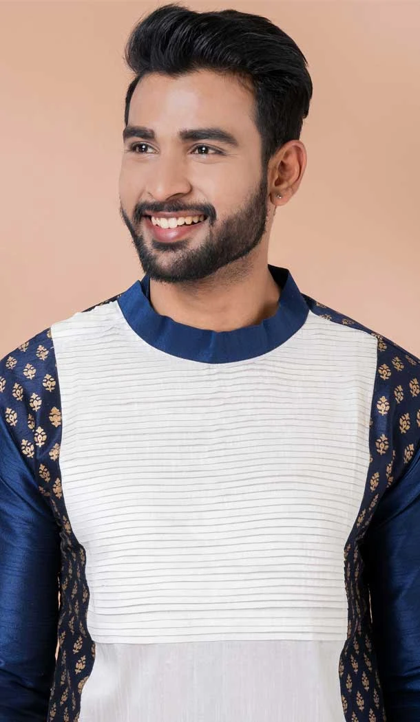 White Navy Blue Banarasi Silk Weaving Work Mens Kurta Pajama - 12103205260