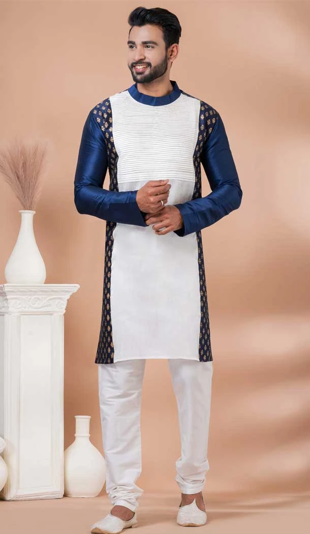 White Navy Blue Banarasi Silk Weaving Work Mens Kurta Pajama - 12103205260