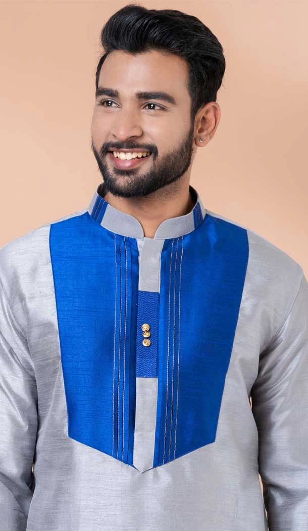 Grey Banarasi Silk Weaving Work Mens Kurta Pajama - 12103205261