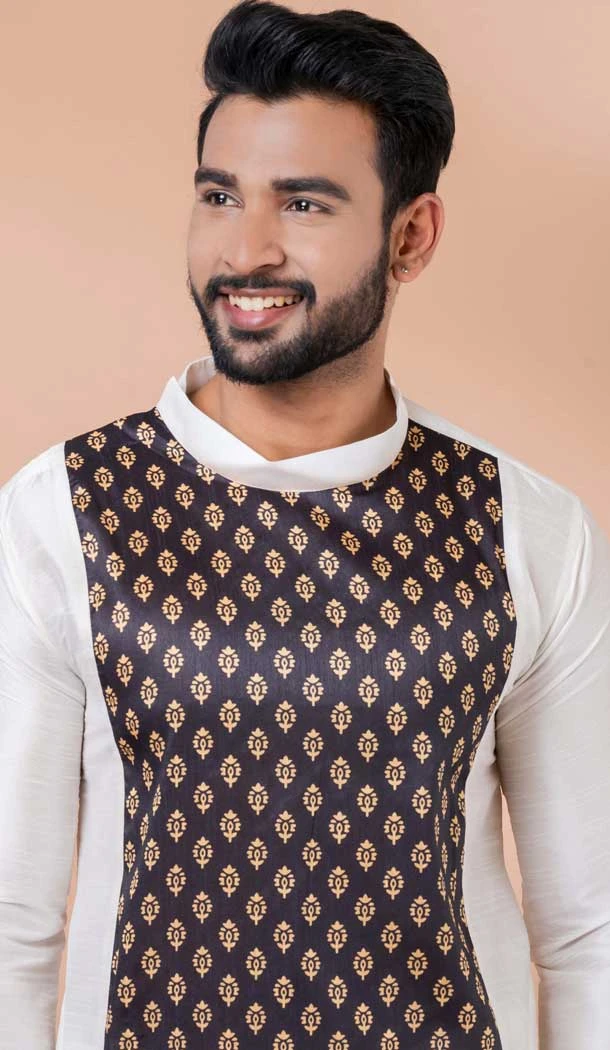 White Banarasi Silk Weaving Work Mens Kurta Pajama - 12103205262