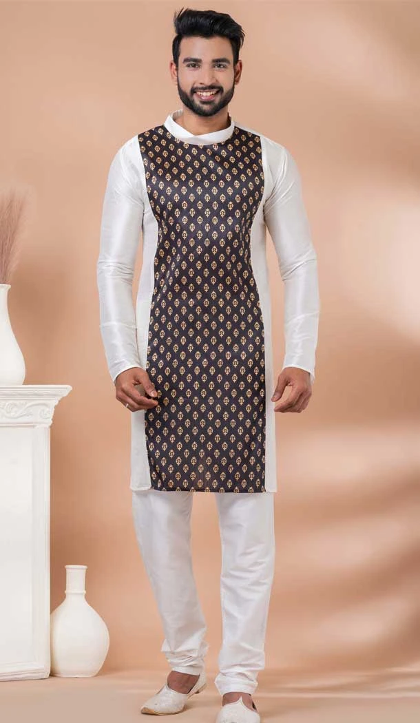 White Banarasi Silk Weaving Work Mens Kurta Pajama - 12103205262