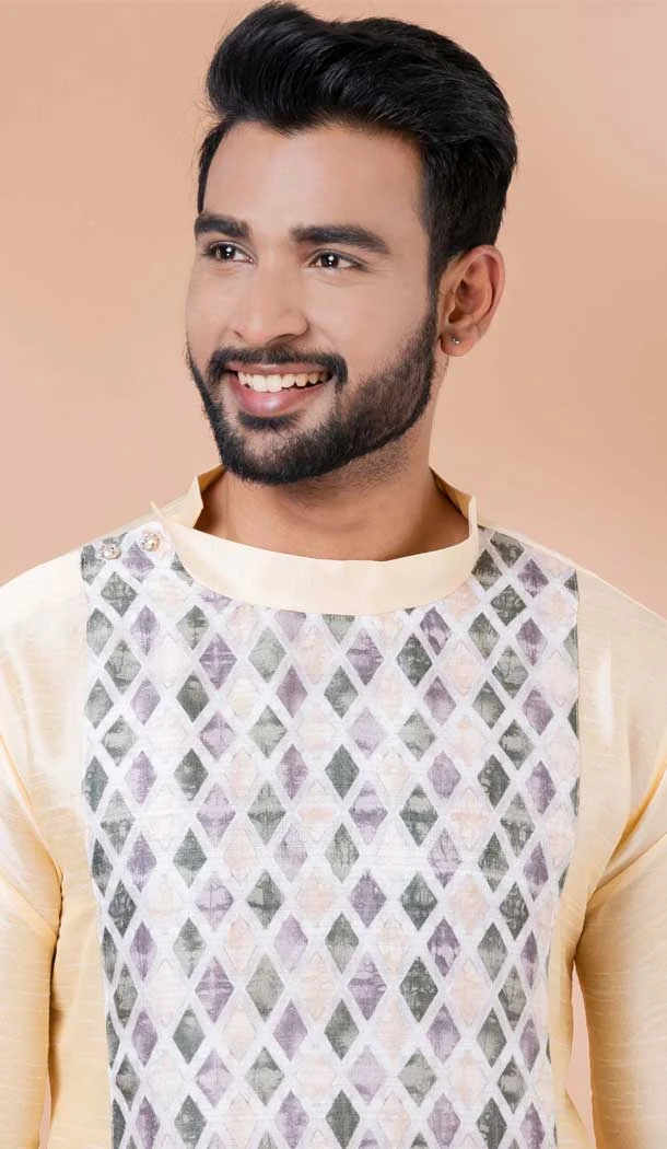 Gold Banarasi Silk Cotton Weaving Work Mens Kurta Pajama - 12103205263