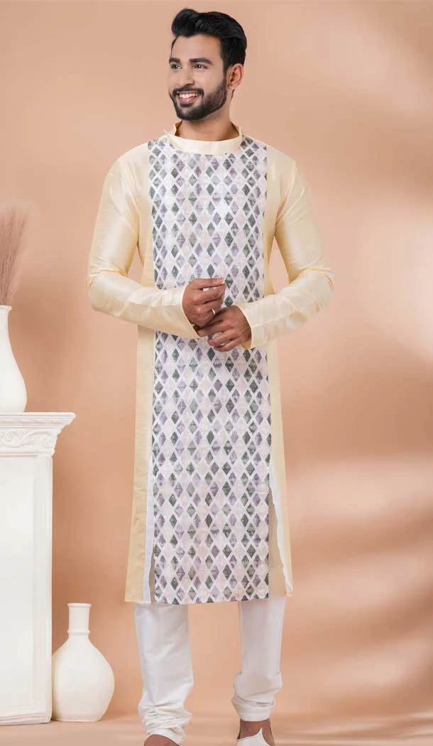 Gold Banarasi Silk Cotton Weaving Work Mens Kurta Pajama - 12103205263