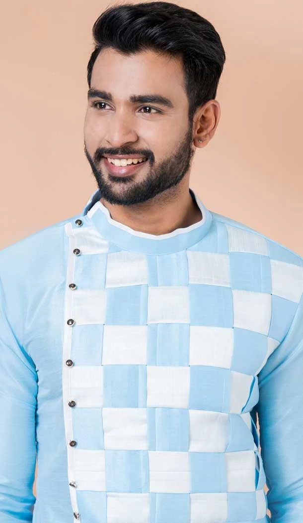Sky Blue Banarasi Silk Weaving Work Mens Kurta Pajama - 12103205265