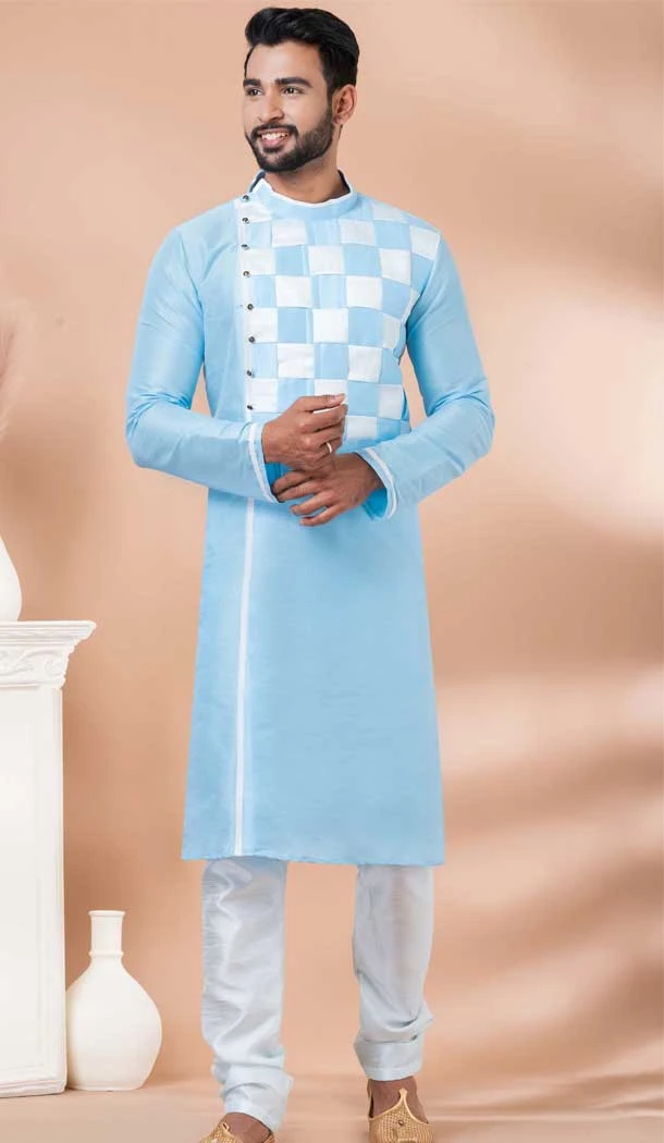 Sky Blue Banarasi Silk Weaving Work Mens Kurta Pajama - 12103205265