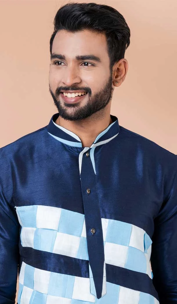 Navy Blue Banarasi Silk Weaving Work Mens Kurta Pajama - 12103205266