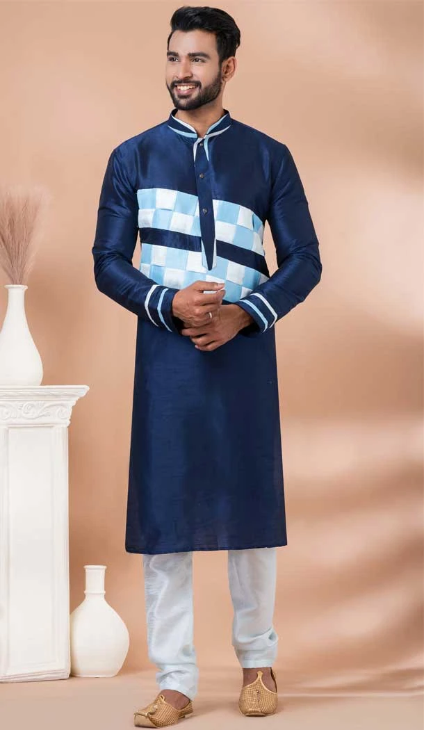 Navy Blue Banarasi Silk Weaving Work Mens Kurta Pajama - 12103205266