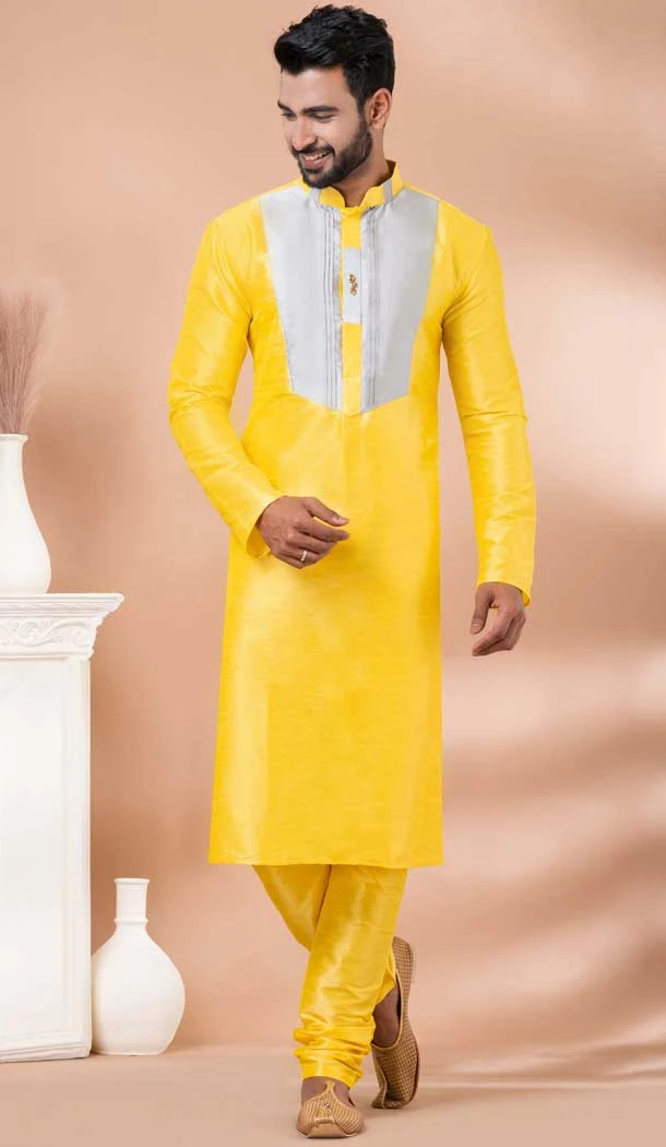 Yellow Banarasi Silk Weaving Work Mens Kurta Pajama - 12103205267