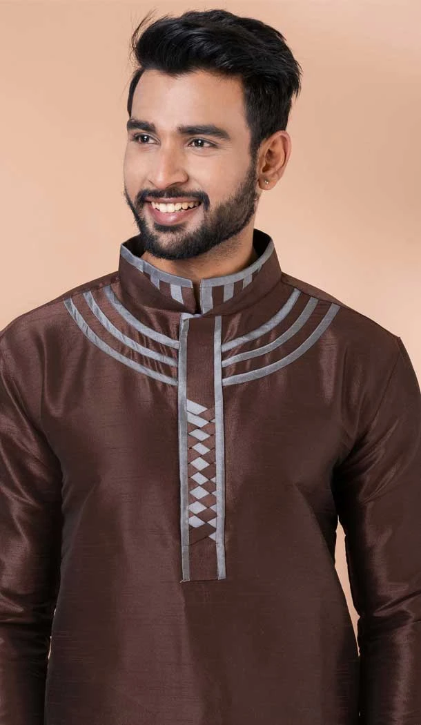 Coffee Banarasi Silk Weaving Work Mens Kurta Pajama - 12103205268