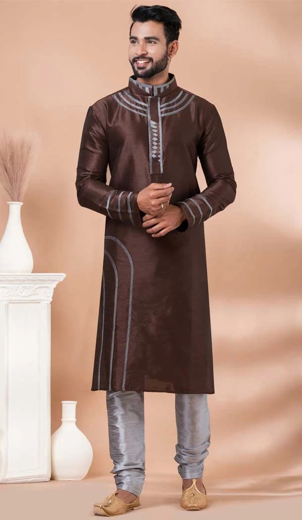 Coffee Banarasi Silk Weaving Work Mens Kurta Pajama - 12103205268