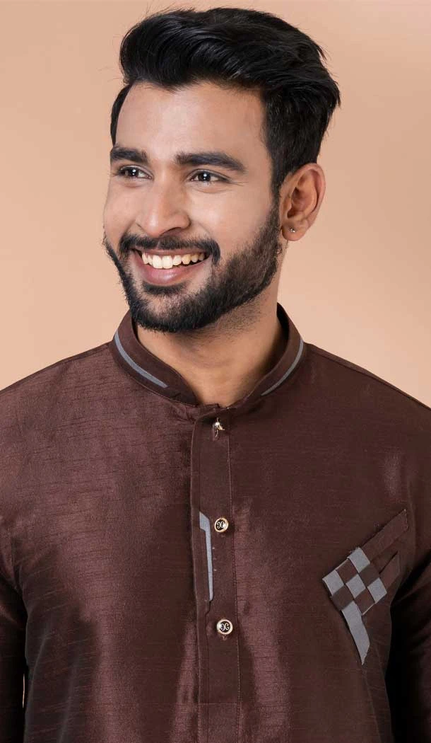Coffee Weaving Work Banarasi Silk Mens Kurta Pajama - 12103205269