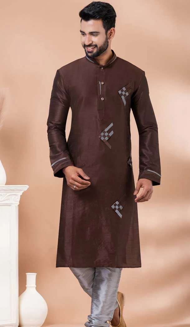 Coffee Weaving Work Banarasi Silk Mens Kurta Pajama - 12103205269
