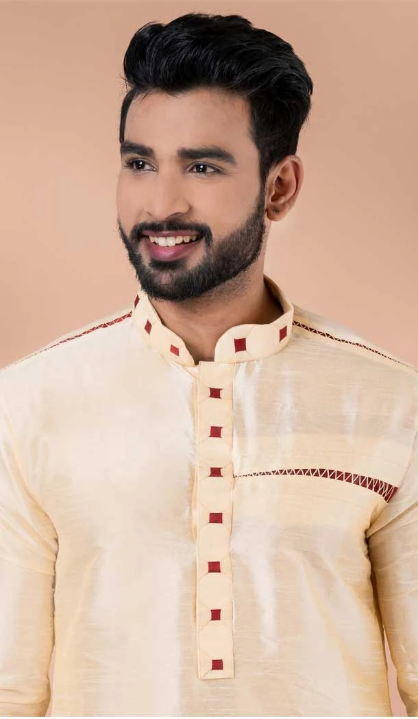 Cream Banarasi Silk Weaving Work Mens Kurta Pajama - 12103205270