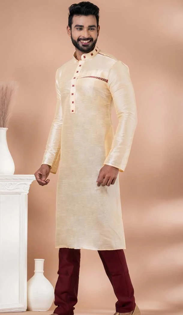 Cream Banarasi Silk Weaving Work Mens Kurta Pajama - 12103205270
