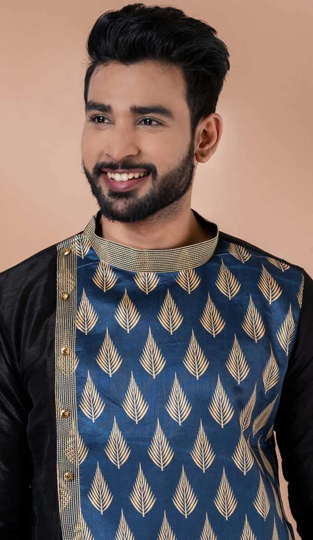 Black Banarasi Silk Weaving Work Mens Kurta Pajama - 12103205271