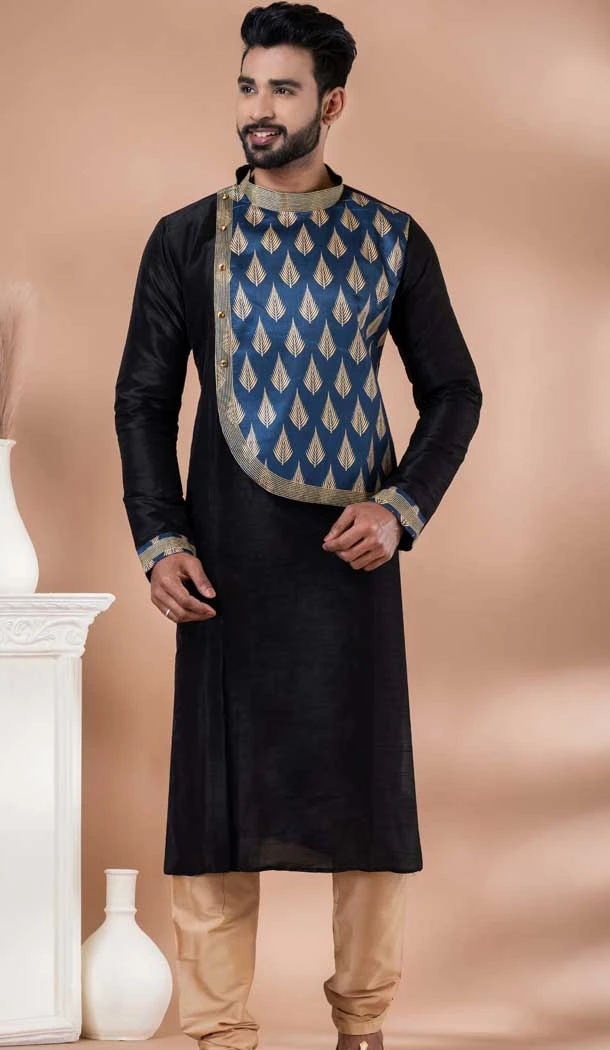 Black Banarasi Silk Weaving Work Mens Kurta Pajama - 12103205271