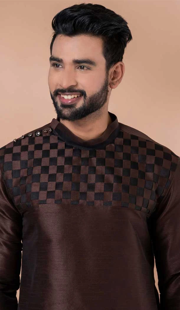 Coffee Banarasi Silk Weaving Work Mens Kurta Pajama - 12103205272