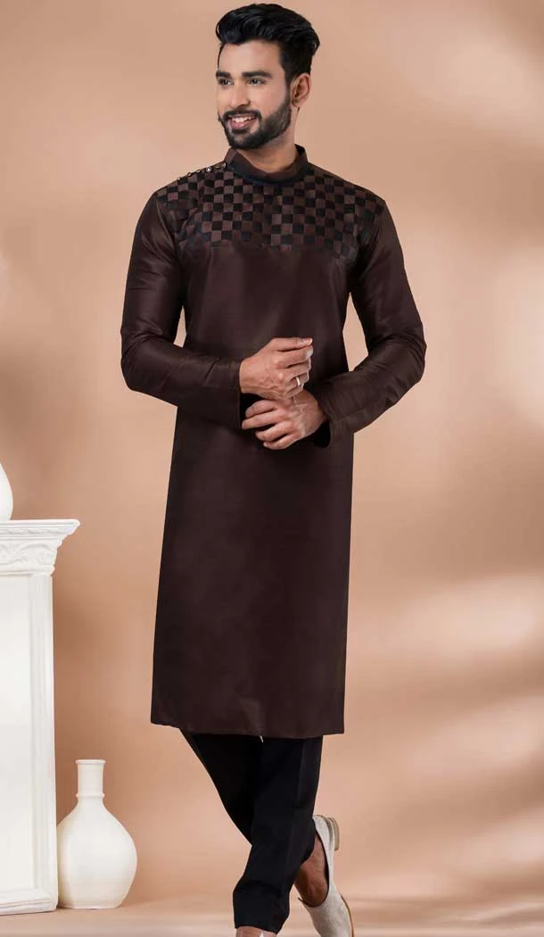 Coffee Banarasi Silk Weaving Work Mens Kurta Pajama - 12103205272